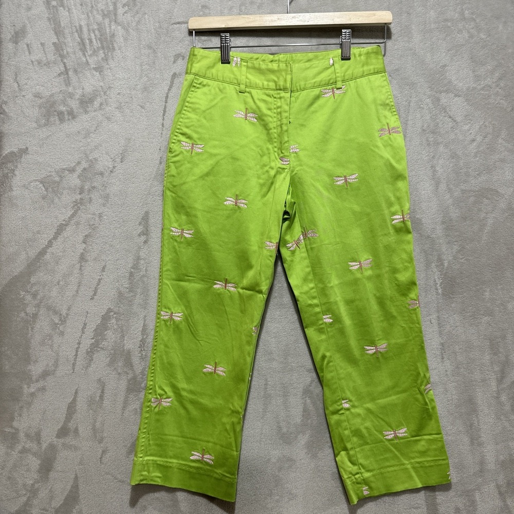 Vintage Lilly Pulitzer Pants Women's 2 Green Pink Dragonfly Embroidered Prints